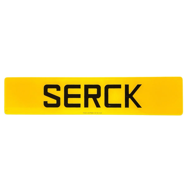 Yellow Serck number plate with Serck font