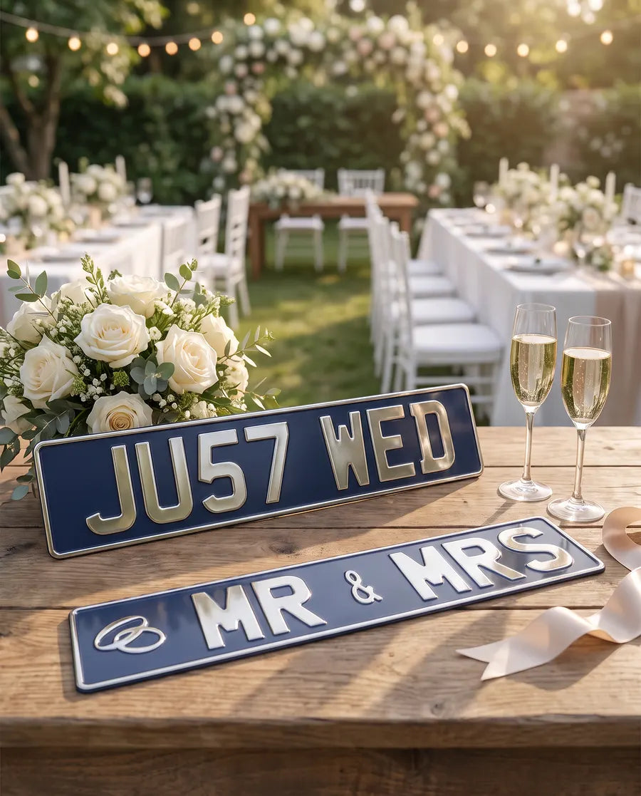 Navy JU57 WED and Mr & Mrs gift number plates on a wedding table with white roses and champagne