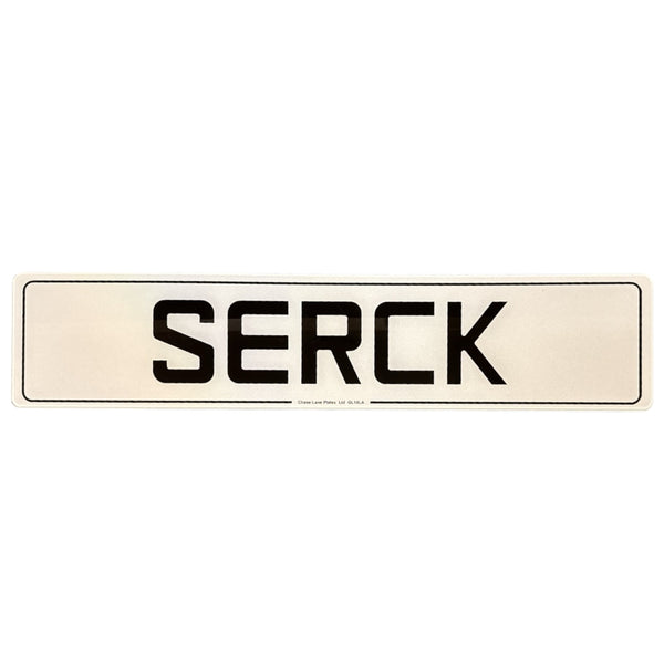 White Serck number plate with Serck font