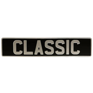 Black rectangular number plate with 'CLASSIC' in white letters on a white background